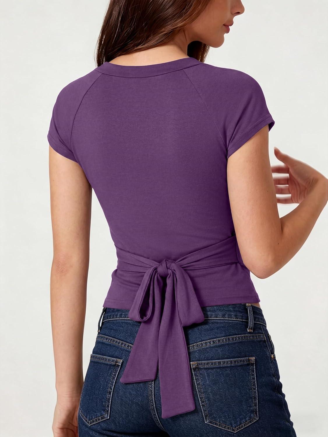 image:imageEMMIOL Sexy V Neck T Shirts for Women Short Sleeve Slim Fit Bow Bandage Cute Crop Tops Y2k 2026 Summer Going Out ClothesPurple Bow Bandage