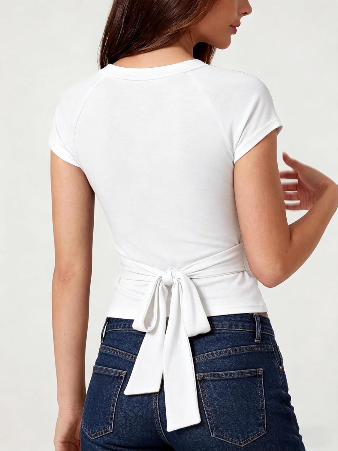 image:imageEMMIOL Sexy V Neck T Shirts for Women Short Sleeve Slim Fit Bow Bandage Cute Crop Tops Y2k 2026 Summer Going Out ClothesWhite Bow Bandage