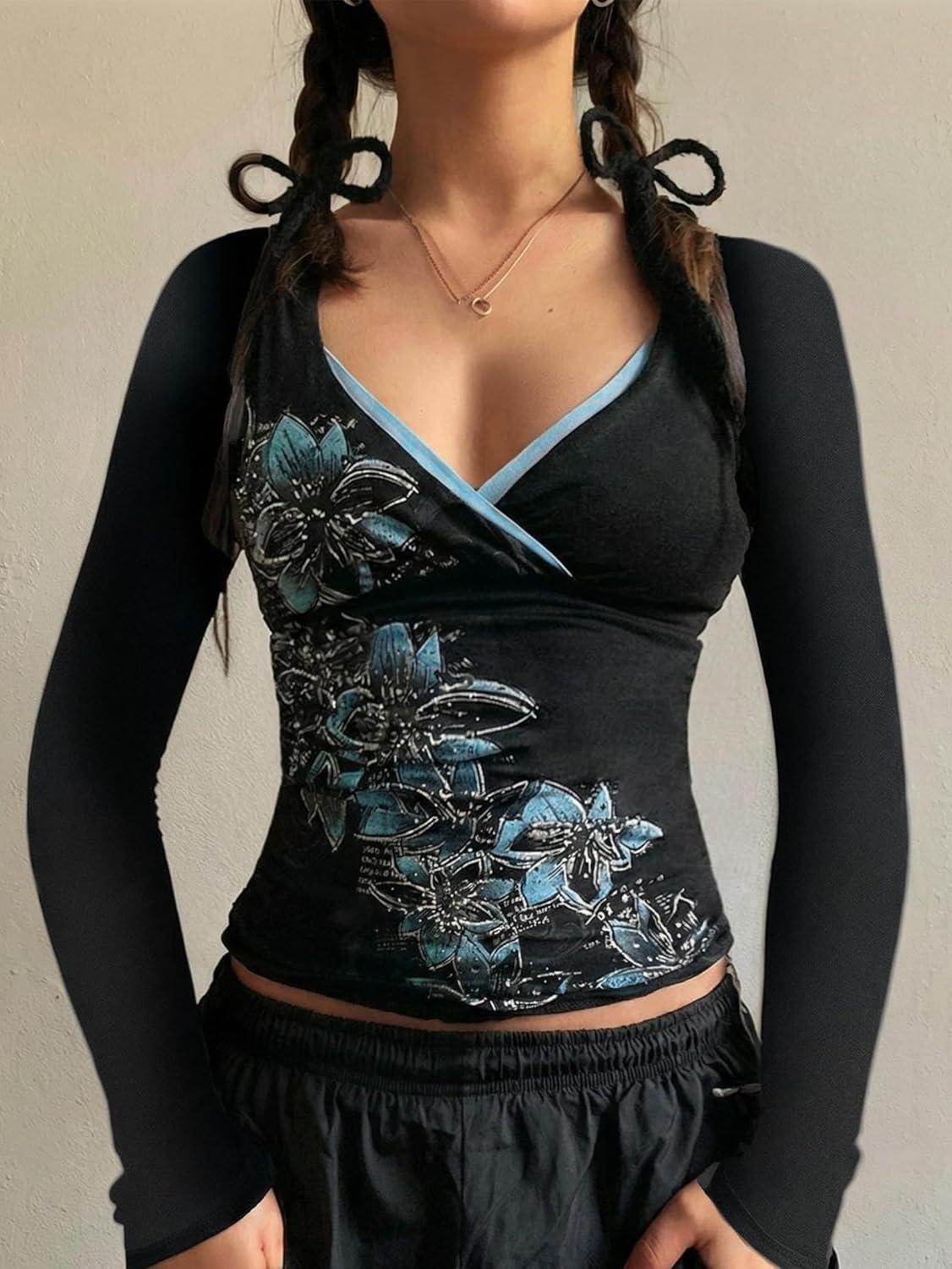 image:imageEMMIOL Y2k Fairy Grunge Short Sleeve Shirts For Women  Vintage Cute Summer V Neck Crop Tops Emo Gothic Clothes Workout Tops318blue