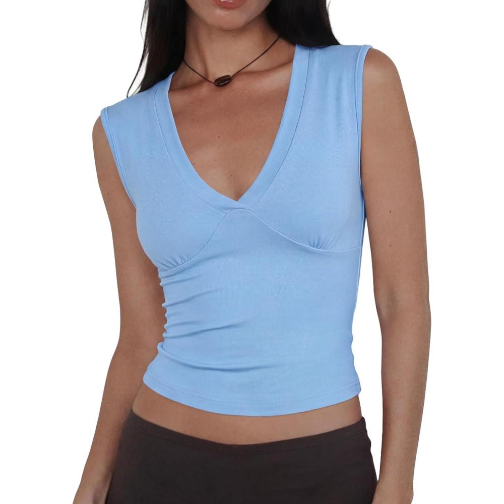 image:imageWomen Deep V Neck Tops Sexy Sleeveless Crop Top Stretchy Trendy Going Out Tank Top Cute Summer ClothesBlue