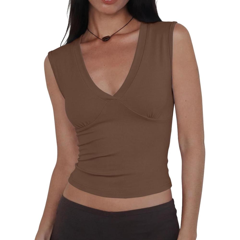 image:imageWomen Deep V Neck Tops Sexy Sleeveless Crop Top Stretchy Trendy Going Out Tank Top Cute Summer ClothesBrown