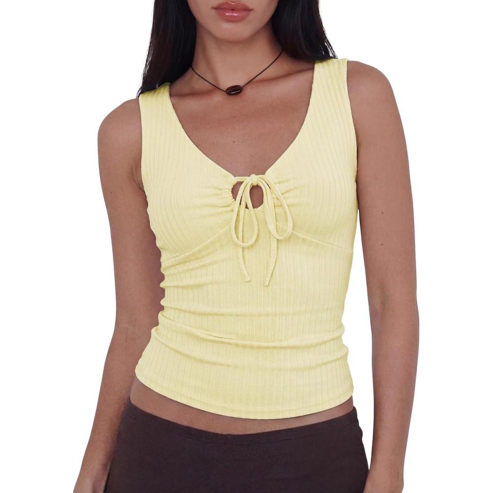 image:imageWomen Deep V Neck Tops Sexy Sleeveless Crop Top Stretchy Trendy Going Out Tank Top Cute Summer ClothesZlight Yellow