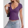 EMMIOL Sexy V Neck T Shirts for Women – Short Sleeve Slim Fit Bow Bandage Cute Crop Tops Y2k 2026 Summer Going Out Clothes(Purple Bow Bandage)
