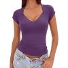 EMMIOL Sexy V Neck T Shirts for Women – Short Sleeve Slim Fit Bow Bandage Cute Crop Tops Y2k 2026 Summer Going Out Clothes(Purple Bow Bandage)