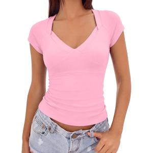 EMMIOL Sexy V Neck T Shirts for Women – Short Sleeve Slim Fit Bow Bandage Cute Crop Tops Y2k 2026 Summer Going Out Clothes(Pink Bow Bandage)