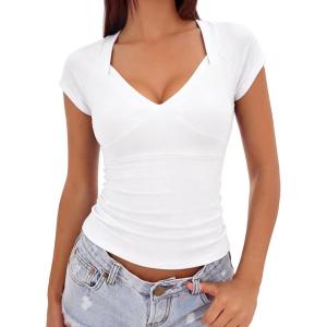 EMMIOL Sexy V Neck T Shirts for Women – Short Sleeve Slim Fit Bow Bandage Cute Crop Tops Y2k 2026 Summer Going Out Clothes(White Bow Bandage)