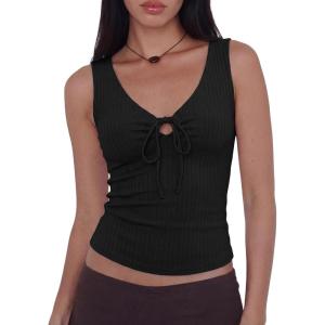 Women Deep V Neck Tops Sexy Sleeveless Crop Top Stretchy Trendy Going Out Tank Top Cute Summer Clothes(Y-black)