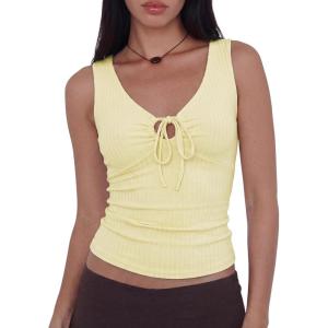 Women Deep V Neck Tops Sexy Sleeveless Crop Top Stretchy Trendy Going Out Tank Top Cute Summer Clothes(Z-light Yellow)