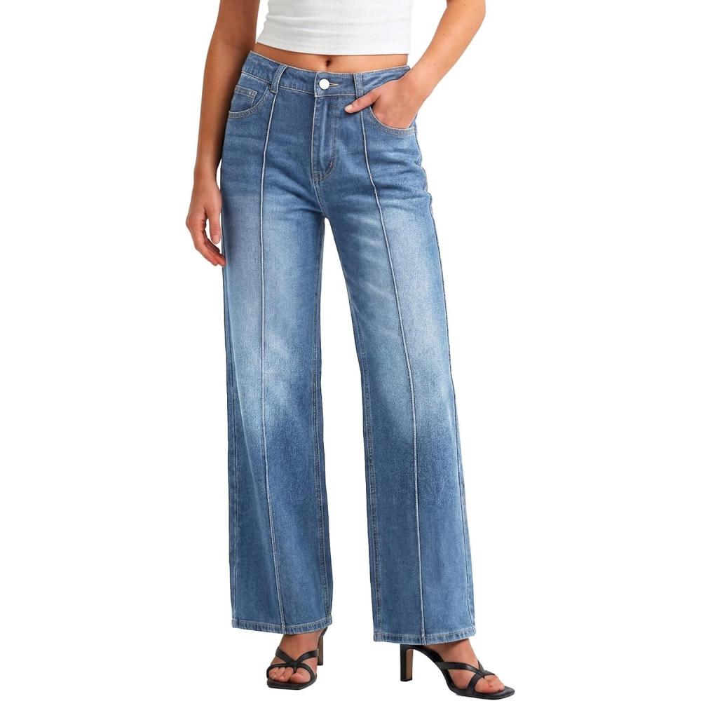image:imageEMMIOL Wide Leg Jeans for Women Mid High Waisted Straight Leg Baggy Pants 2026 Trendy Casual Denim Jeans with Front SeamedBlue