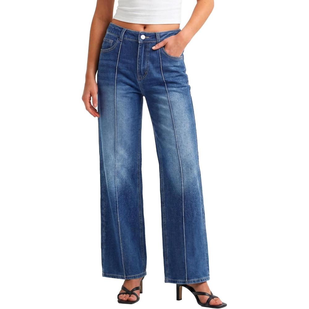 image:imageEMMIOL Wide Leg Jeans for Women Mid High Waisted Straight Leg Baggy Pants 2026 Trendy Casual Denim Jeans with Front SeamedDark Blue