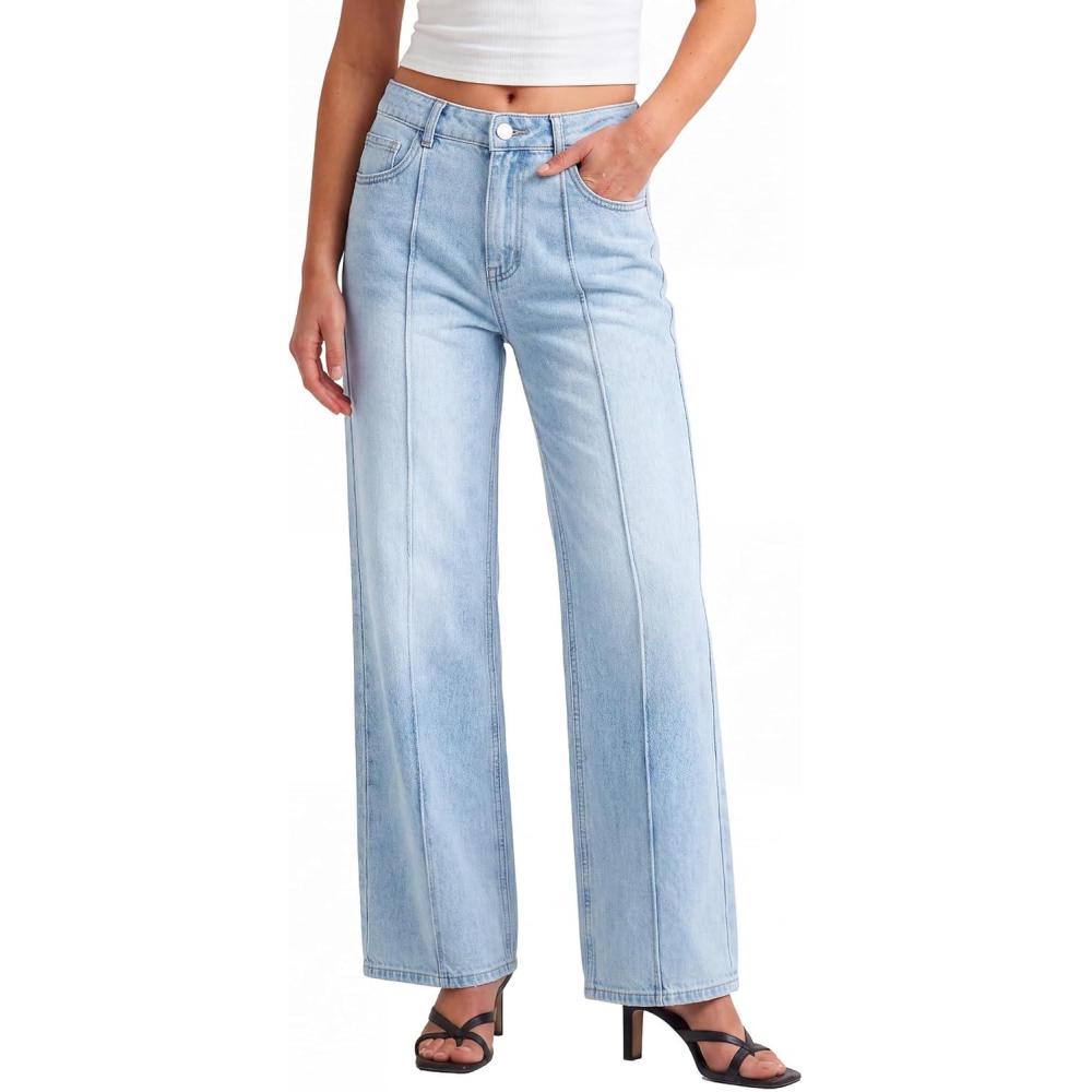 image:imageEMMIOL Wide Leg Jeans for Women Mid High Waisted Straight Leg Baggy Pants 2026 Trendy Casual Denim Jeans with Front SeamedLight Blue