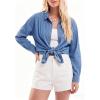 EMMIOL Denim Shirt Women Button Down Long Sleeve Denim Blouse 2026 Hidden Button Jean Shirt Oversized Summer Casual Tops(Mid Blue)