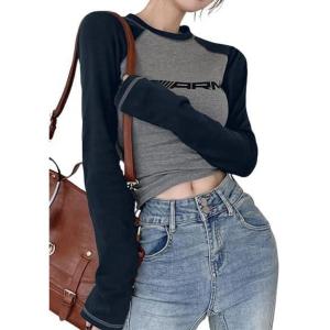 EMMIOL Raglan Tee for Women Y2k Clothing Going Out Tops Long Sleeve Ribbed Knit Crop Top Scoop Neck Tee Shirt Club Streetwear(Blue)