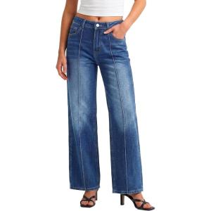 EMMIOL Wide Leg Jeans for Women Mid High Waisted Straight Leg Baggy Pants 2026 Trendy Casual Denim Jeans with Front Seamed(Dark Blue)
