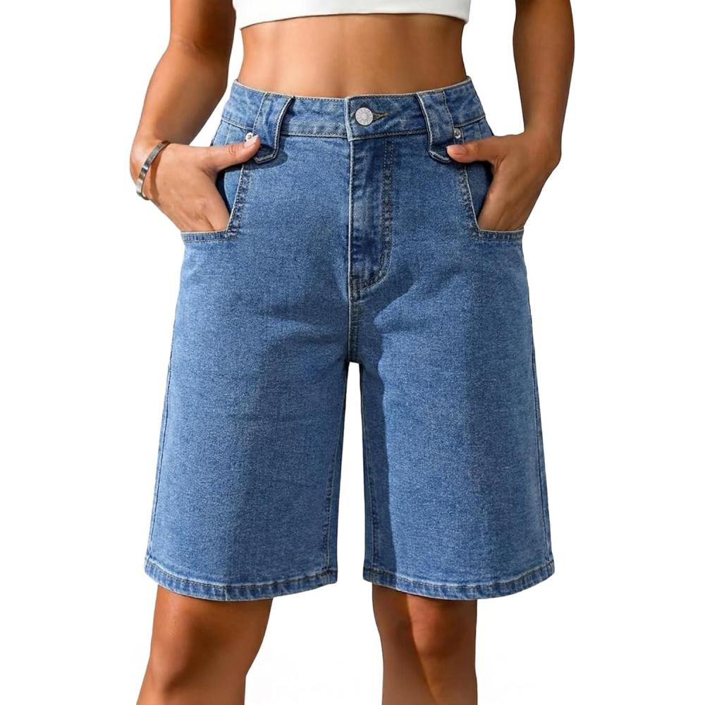 image:imageEMMIOL Bermuda Jean Shorts Womens High Waisted Jorts Straight Leg Denim Vintage Cute Long Baggy Y2k