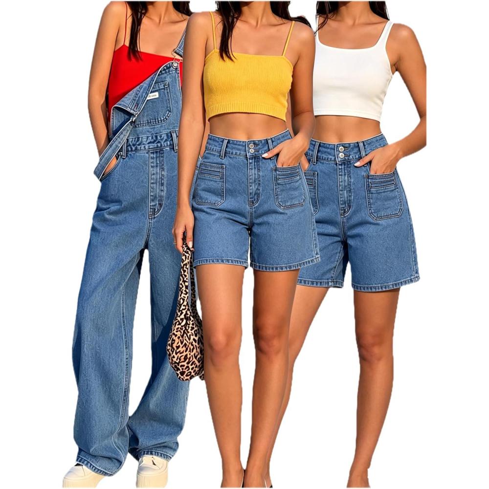 image:imageEMMIOL Womens 2 Piece Outfits MidHigh Waisted Stretchy Jorts amp Denim Bib Overalls Pants Casual Summer Streetwear Sets