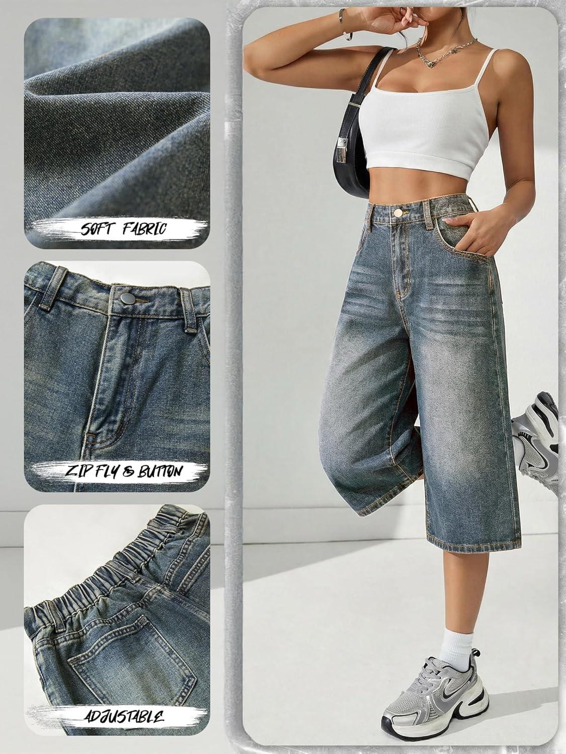 image:imageEMMIOL Baggy Jorts for Women Elastic High Waisted Bermuda Y2k Jeans Shorts Machine Washable Casual Summer Long Denim ShortsVintage Blue