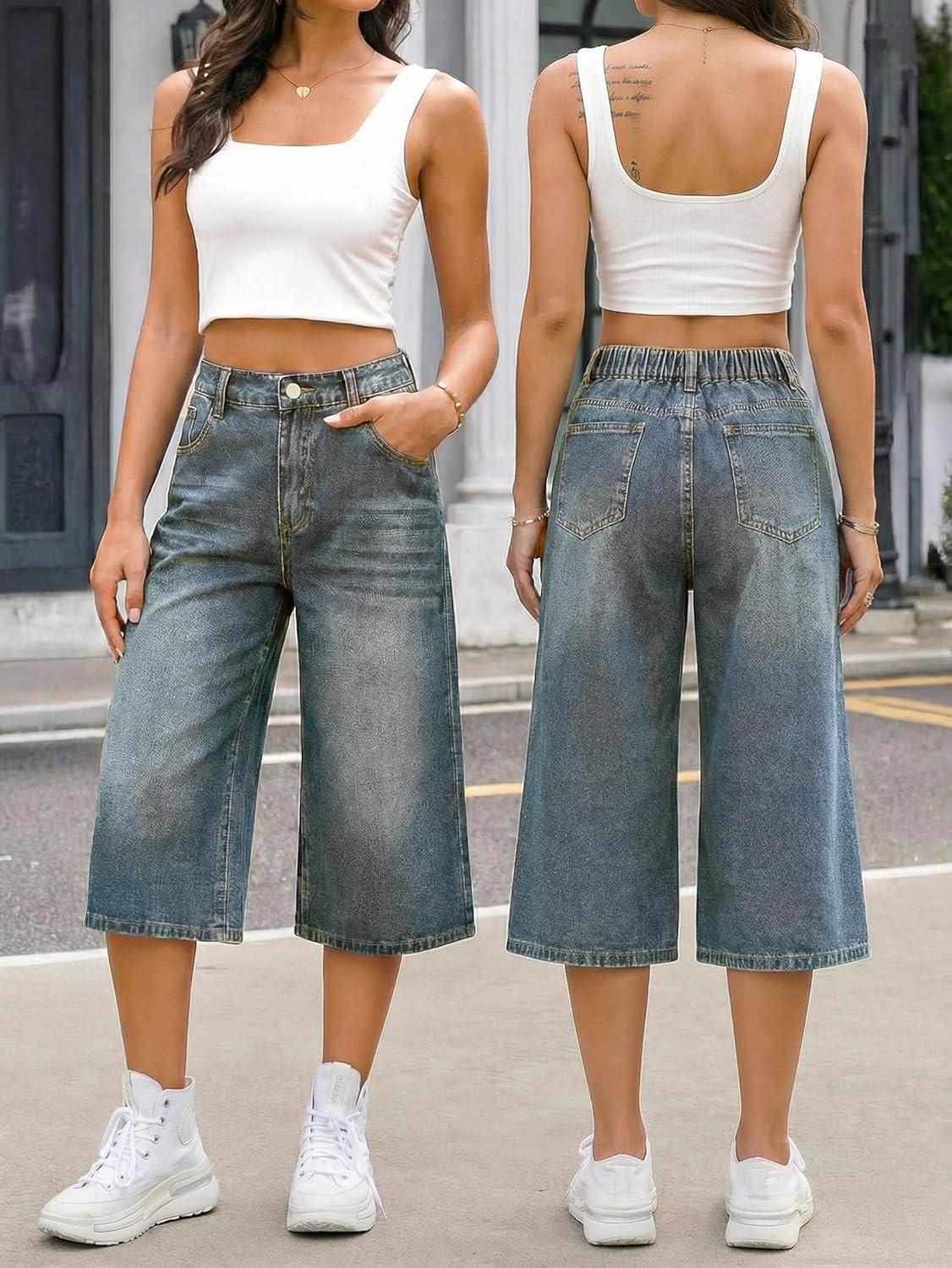 image:imageEMMIOL Baggy Jorts for Women Elastic High Waisted Bermuda Y2k Jeans Shorts Machine Washable Casual Summer Long Denim ShortsVintage Blue