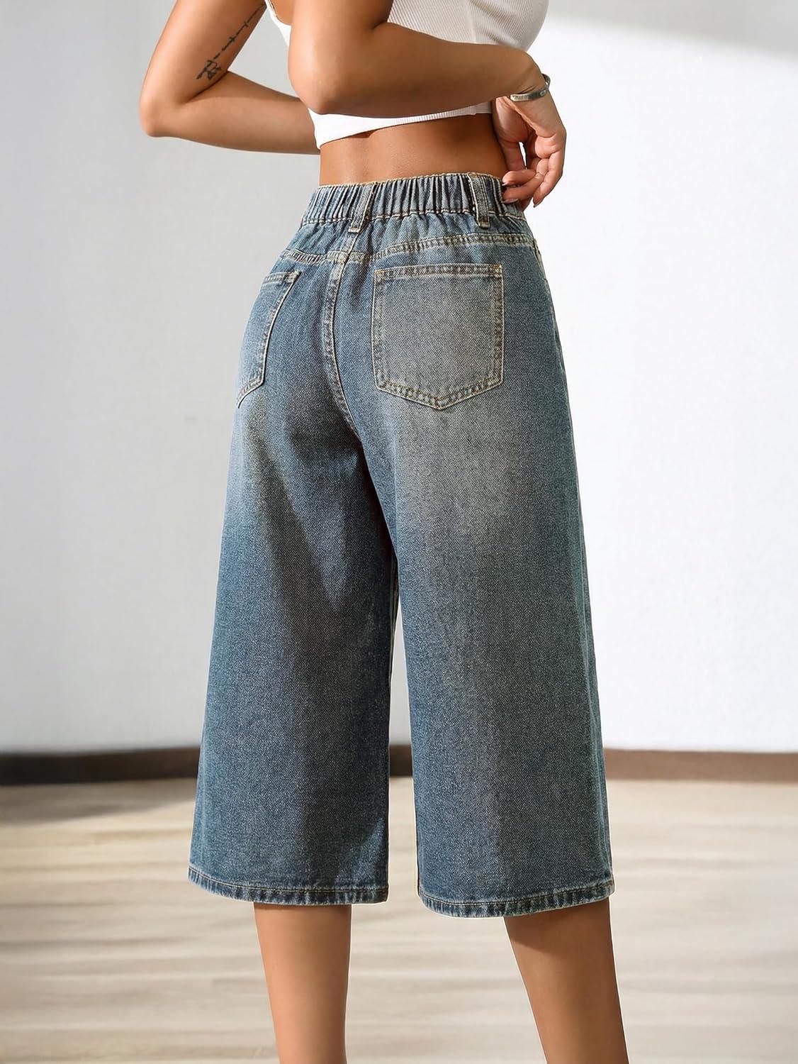image:imageEMMIOL Baggy Jorts for Women Elastic High Waisted Bermuda Y2k Jeans Shorts Machine Washable Casual Summer Long Denim ShortsVintage Blue