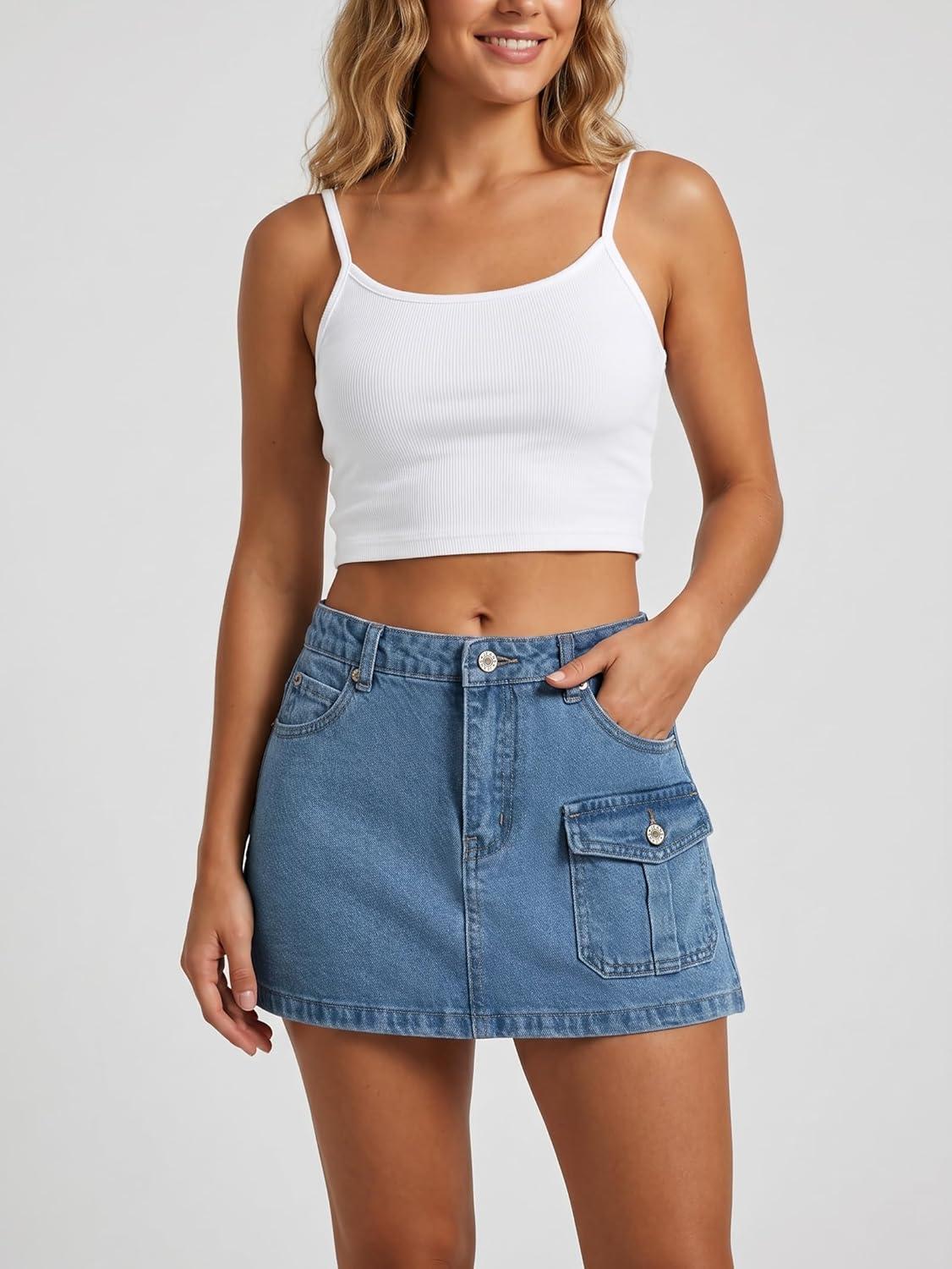 image:imageEMMIOL Jean Skirts for Women Mid High Waisted Denim Mini Skirt Summer Cotton Vintage Button Cargo Skorts with Pocket Y2K SexyBlue
