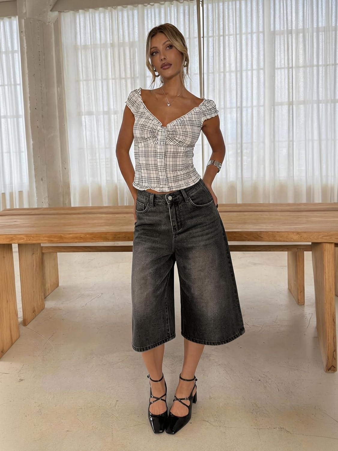 image:imageEMMIOL Machine Wash Y2K Jorts Women Wide Leg Baggy Long Jean Shorts Loose Fit Bermuda Denim ShortsBlack