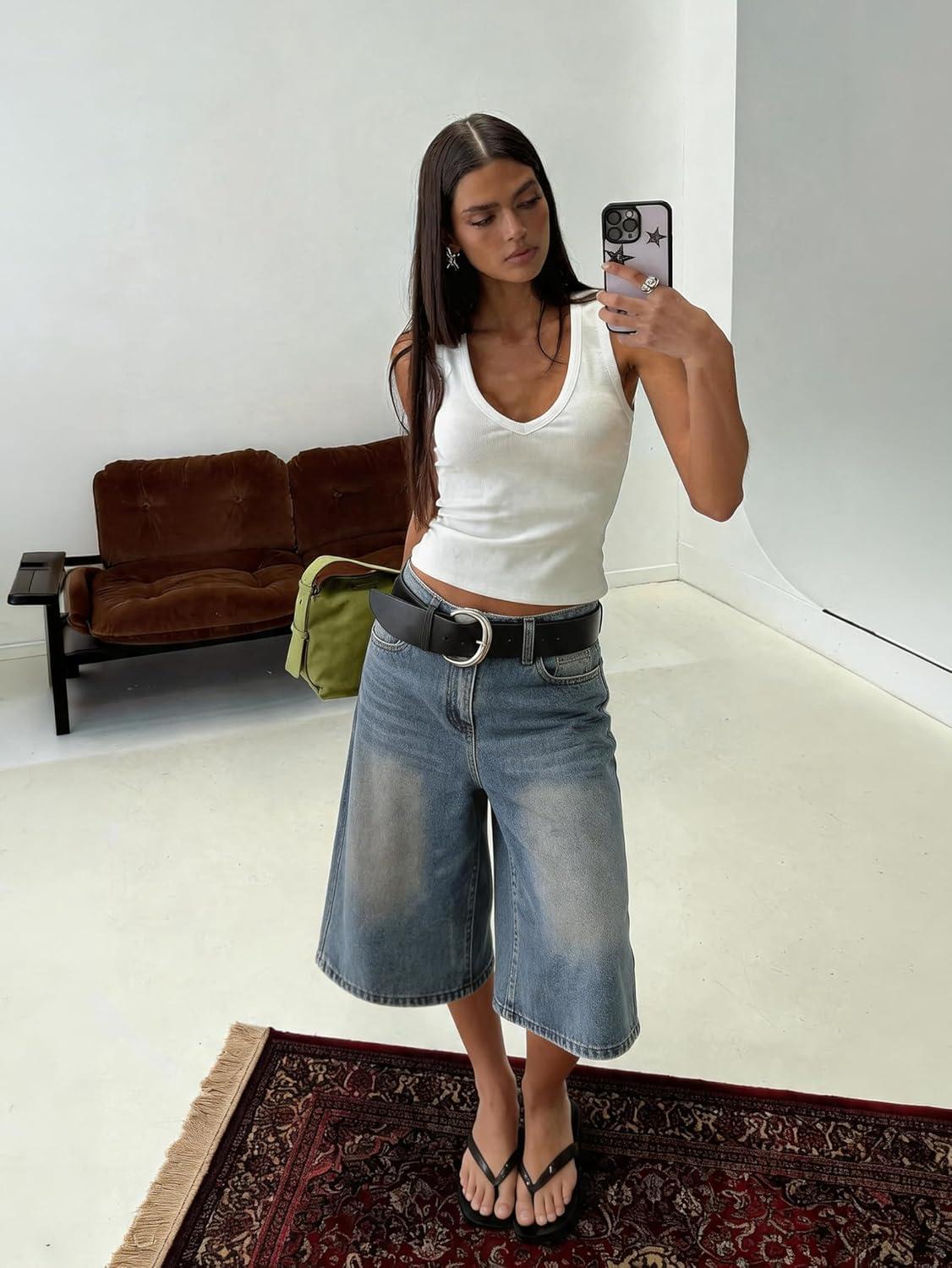 image:imageEMMIOL Machine Wash Y2K Jorts Women Wide Leg Baggy Long Jean Shorts Loose Fit Bermuda Denim ShortsDark Blue