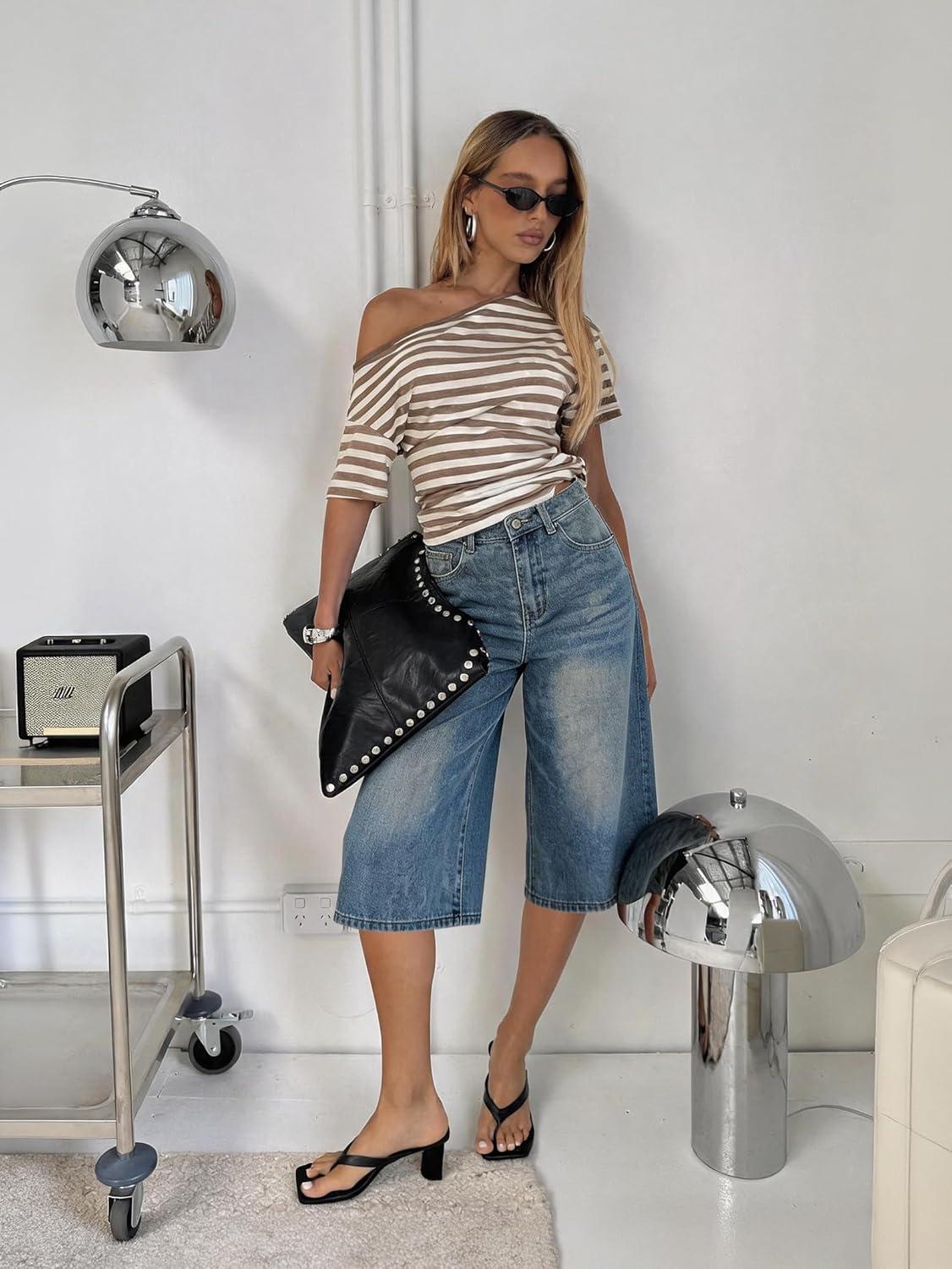 image:imageEMMIOL Machine Wash Y2K Jorts Women Wide Leg Baggy Long Jean Shorts Loose Fit Bermuda Denim ShortsDenim Blue