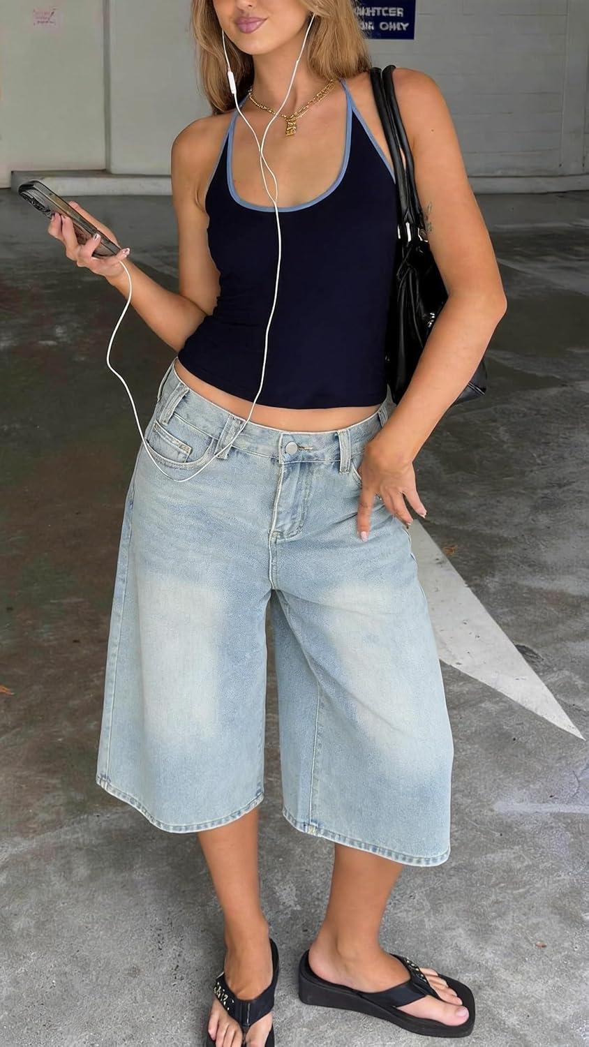 image:imageEMMIOL Machine Wash Y2K Jorts Women Wide Leg Baggy Long Jean Shorts Loose Fit Bermuda Denim ShortsLight Blue