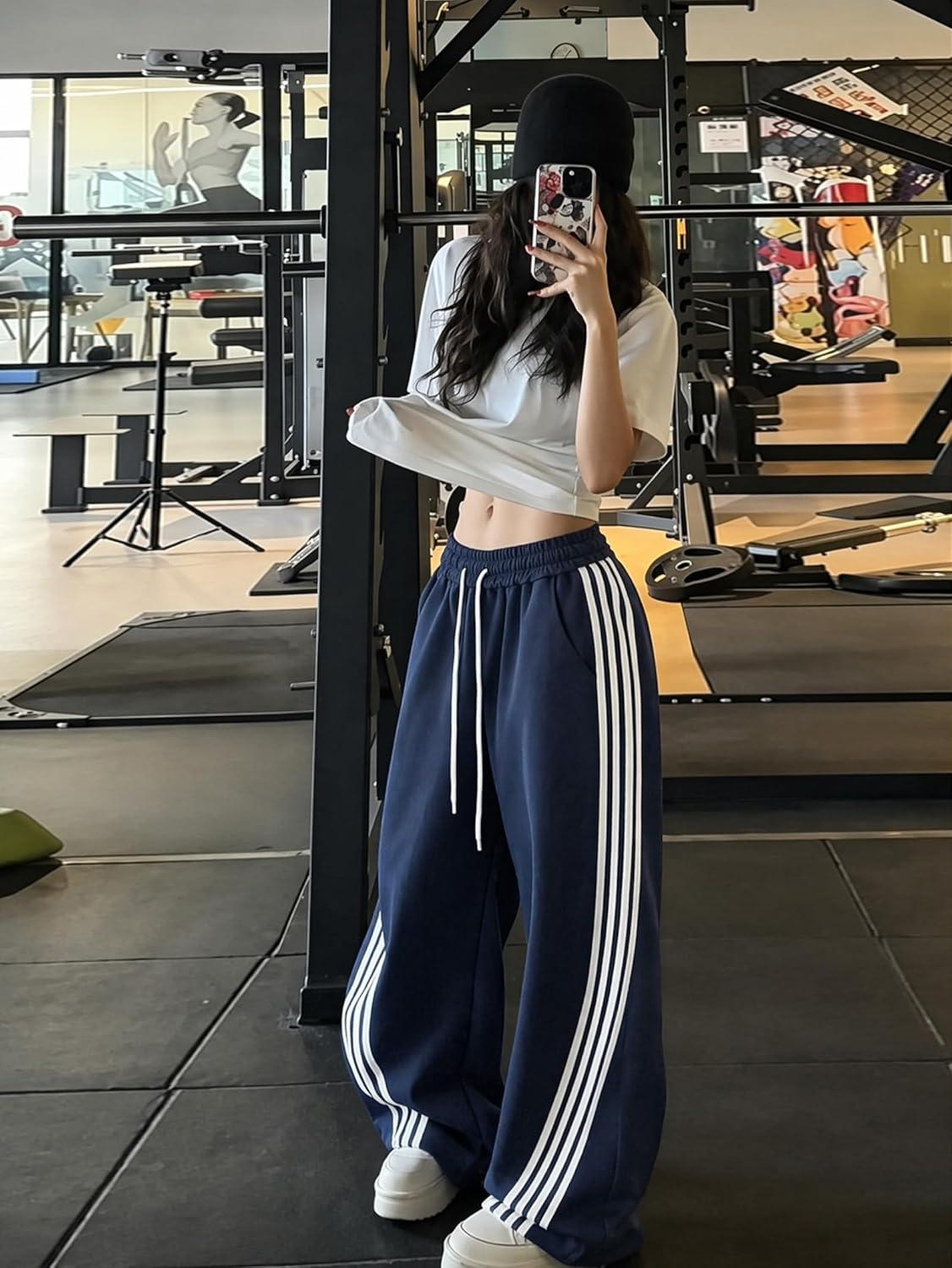 image:imageEMMIOL Womens Y2K Baggy Barrel Striped Sweatpants High Waisted Wide Leg Pants Joggers with Drawstring Waist and CuffsLight Blue