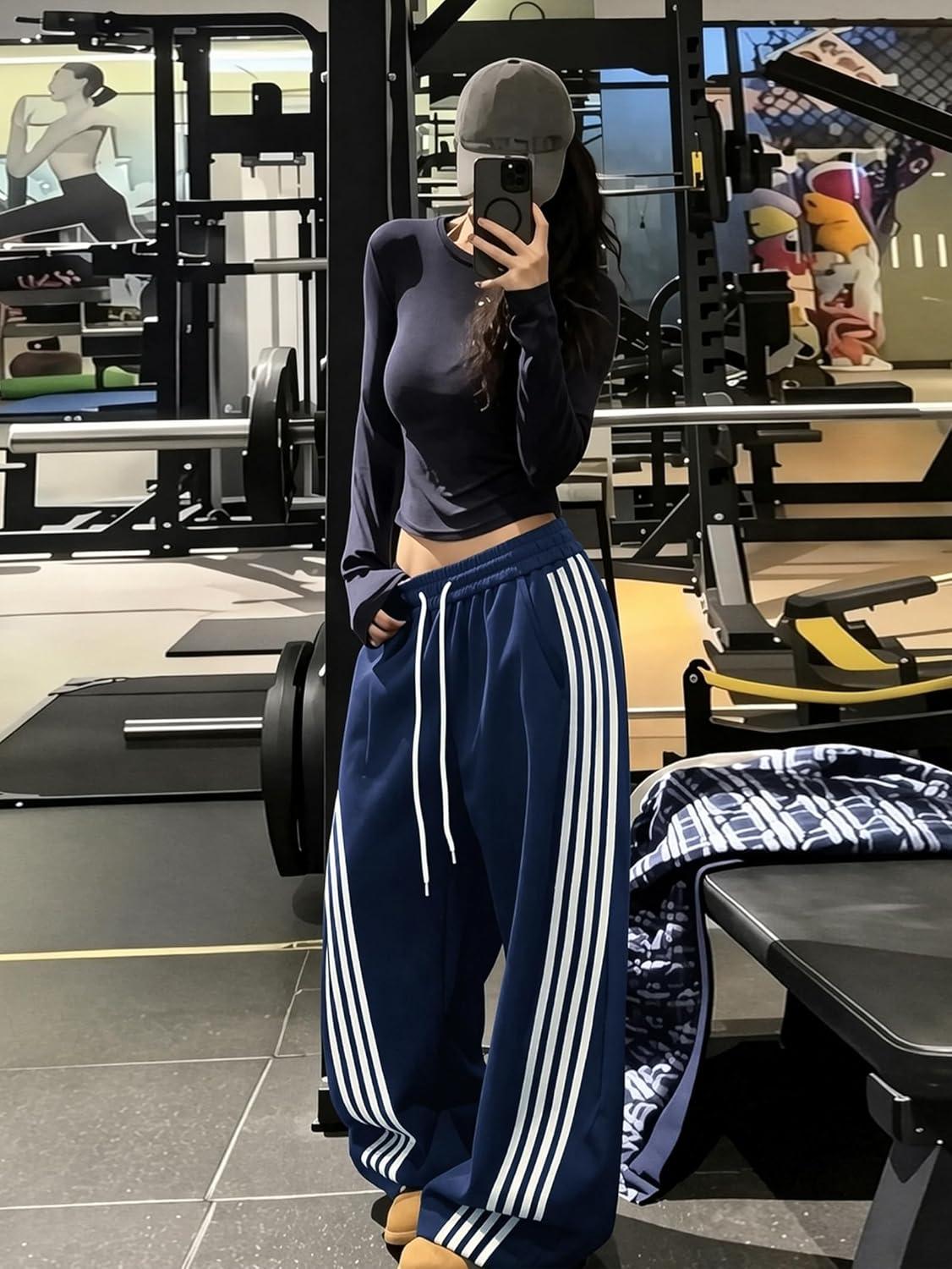 image:imageEMMIOL Womens Y2K Baggy Barrel Striped Sweatpants High Waisted Wide Leg Pants Joggers with Drawstring Waist and CuffsLight Blue