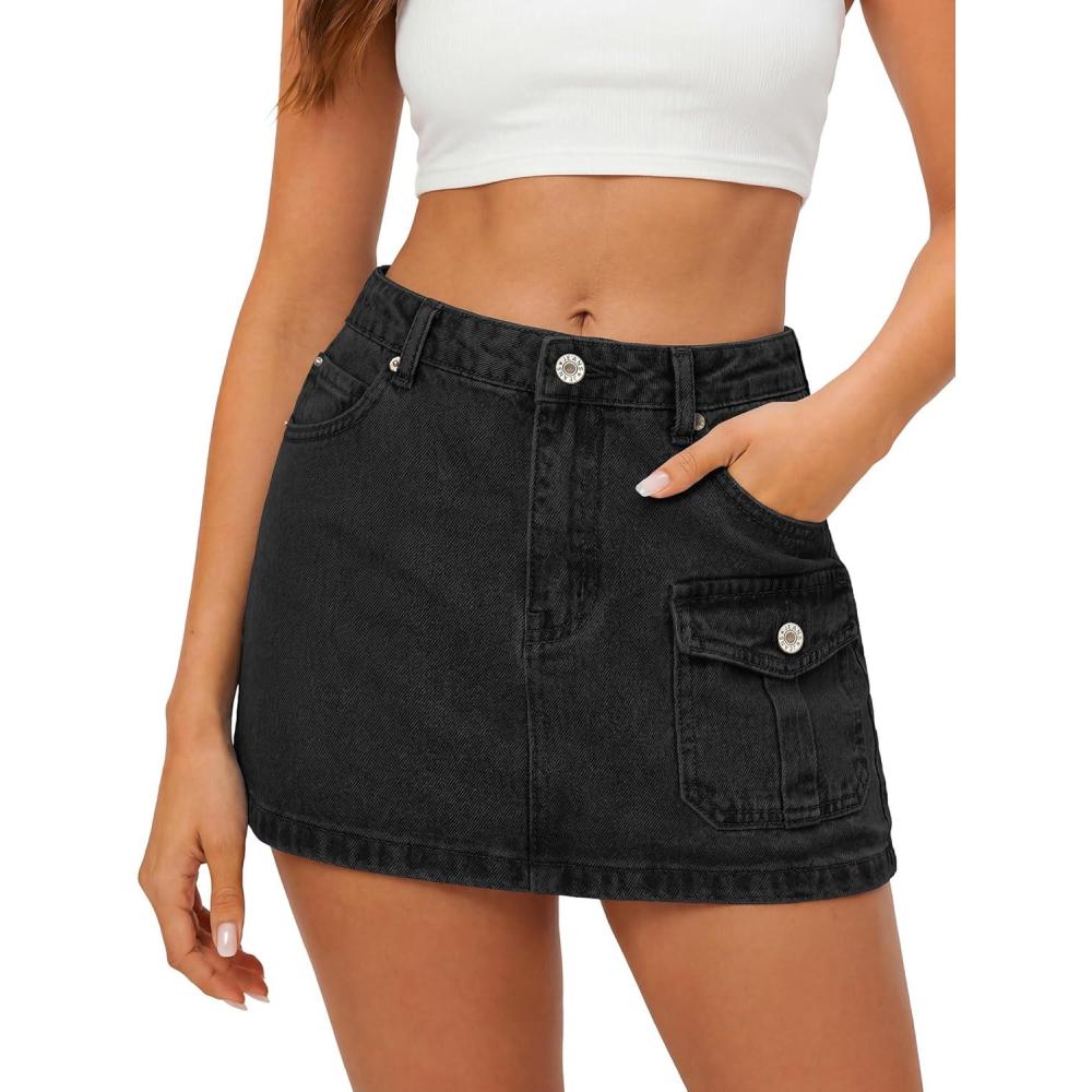 image:imageEMMIOL Jean Skirts for Women Mid High Waisted Denim Mini Skirt Summer Cotton Vintage Button Cargo Skorts with Pocket Y2K SexyBlack