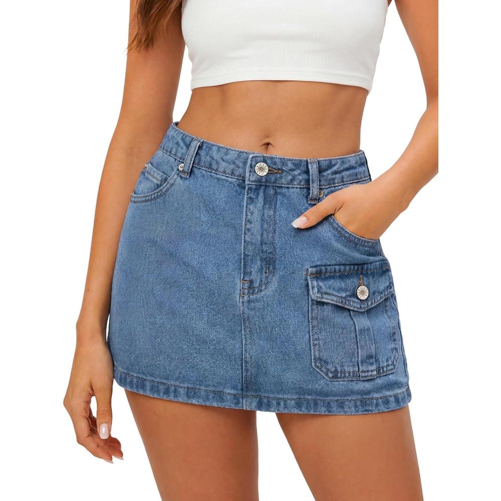 image:imageEMMIOL Jean Skirts for Women Mid High Waisted Denim Mini Skirt Summer Cotton Vintage Button Cargo Skorts with Pocket Y2K SexyBlue