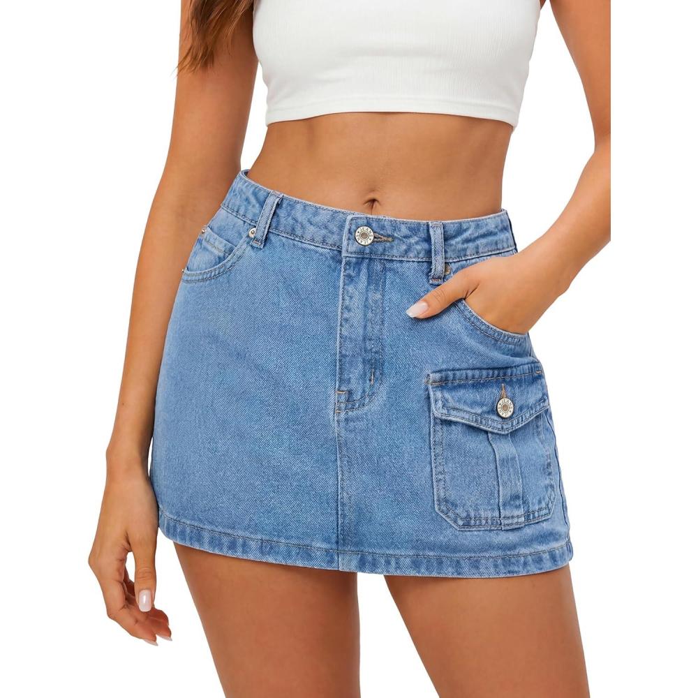 image:imageEMMIOL Jean Skirts for Women Mid High Waisted Denim Mini Skirt Summer Cotton Vintage Button Cargo Skorts with Pocket Y2K SexyLight Blue