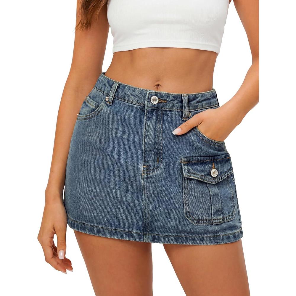image:imageEMMIOL Jean Skirts for Women Mid High Waisted Denim Mini Skirt Summer Cotton Vintage Button Cargo Skorts with Pocket Y2K SexyVintage Blue