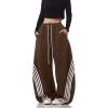 EMMIOL Women’s Y2K Baggy Barrel Striped Sweatpants, High Waisted Wide Leg Pants, Joggers with Drawstring Waist and Cuffs(Brown)