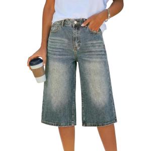 EMMIOL Baggy Jorts for Women Elastic High Waisted Bermuda Y2k Jeans Shorts Machine Washable Casual Summer Long Denim Shorts(Vintage Blue)