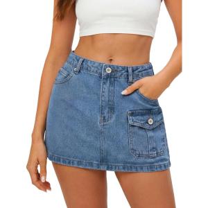 EMMIOL Jean Skirts for Women Mid High Waisted Denim Mini Skirt Summer Cotton Vintage Button Cargo Skorts with Pocket Y2K Sexy(Blue)