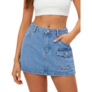 EMMIOL Jean Skirts for Women Mid High Waisted Denim Mini Skirt Summer Cotton Vintage Button Cargo Skorts with Pocket Y2K Sexy(Light Blue)