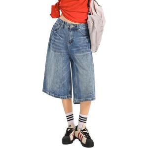 EMMIOL Machine Wash Y2K Jorts Women Wide Leg Baggy Long Jean Shorts Loose Fit Bermuda Denim Shorts(Ab001-blue)