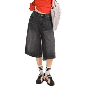 EMMIOL Machine Wash Y2K Jorts Women Wide Leg Baggy Long Jean Shorts Loose Fit Bermuda Denim Shorts(Ab005-black)