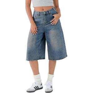 EMMIOL Machine Wash Y2K Jorts Women Wide Leg Baggy Long Jean Shorts Loose Fit Bermuda Denim Shorts(Denim Blue)