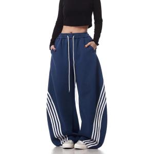 EMMIOL Women’s Y2K Baggy Barrel Striped Sweatpants, High Waisted Wide Leg Pants, Joggers with Drawstring Waist and Cuffs(Light Blue)
