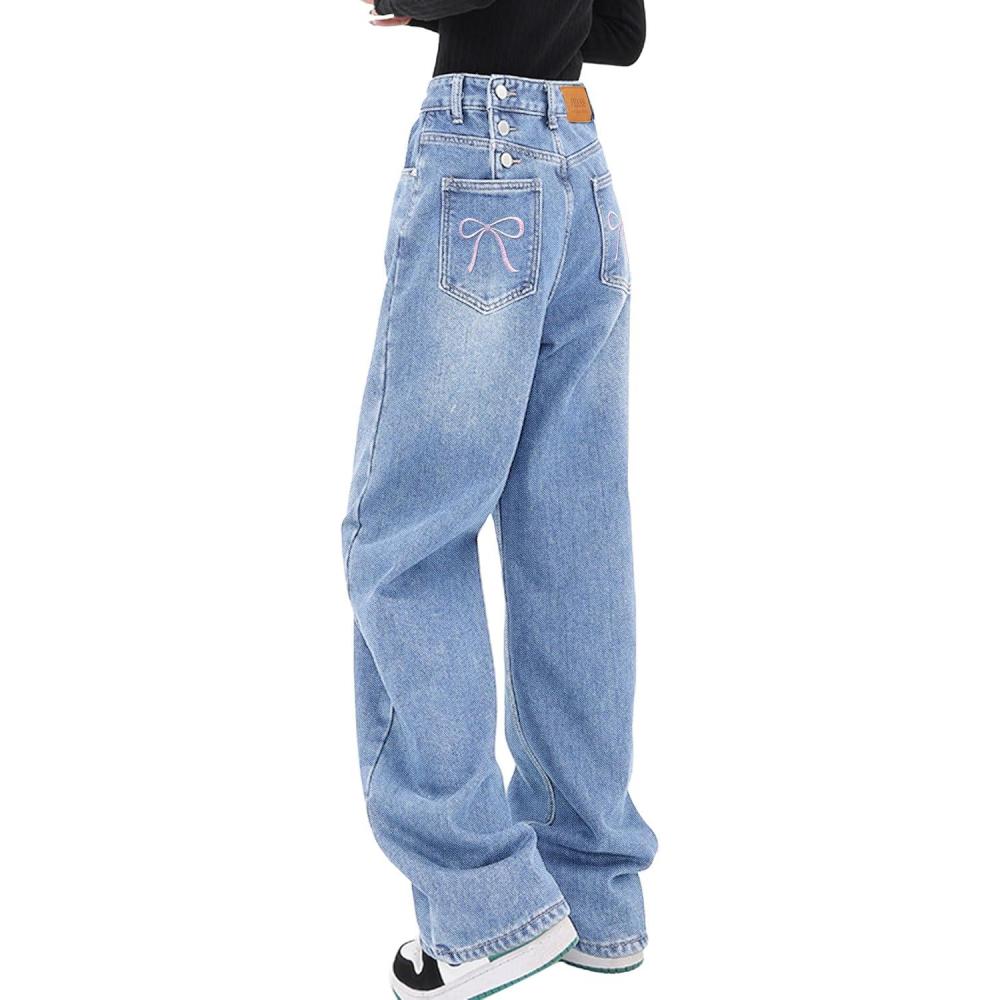 image:imageEMMIOL Women Baggy Jeans MidLow Waist Boyfriend Streetwear Vintage Jeans Wide Leg Denim Pants Sky Blue with BowM