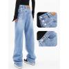 EMMIOL Women Baggy Jeans Mid-Low Waist Boyfriend Streetwear Vintage Jeans Wide Leg Denim Pants Sky Blue with Bow,M