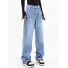 EMMIOL Women Baggy Jeans Mid-Low Waist Boyfriend Streetwear Vintage Jeans Wide Leg Denim Pants Sky Blue with Bow,M