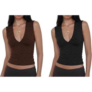 2 Pack XL Women’s Deep V Neck Sleeveless Crop Tops – Stretchy Going Out Summer Tank Tops (Brown & Black Polka Dots)