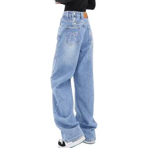 EMMIOL Women Baggy Jeans Mid-Low Waist Boyfriend Streetwear Vintage Jeans Wide Leg Denim Pants Sky Blue with Bow,M
