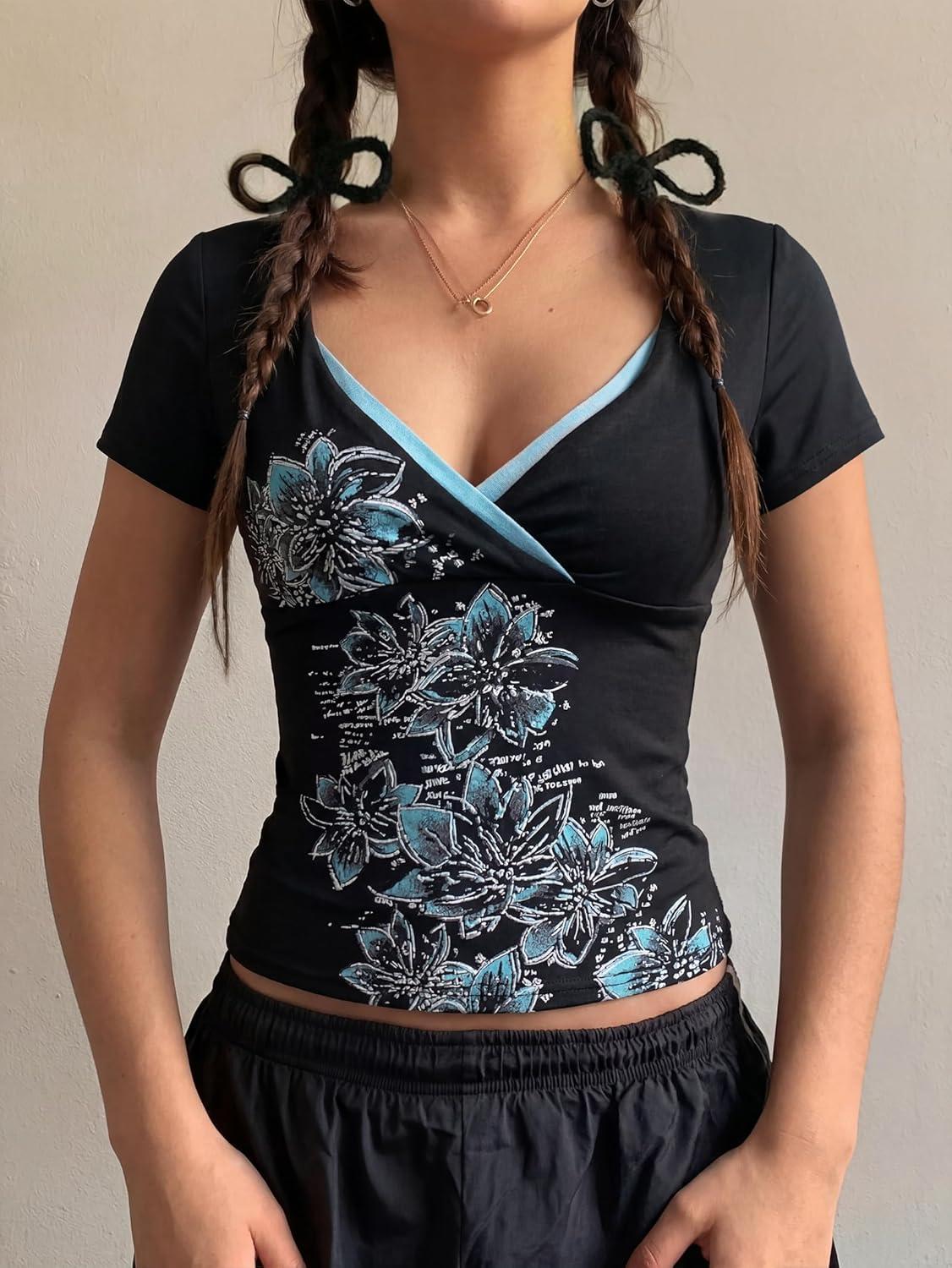 image:imageEMMIOL Y2k Fairy Grunge Short Sleeve Shirts For Women Vintage Floral Print Graphic V Neck Crop Tops Emo Gothic Clothes164black