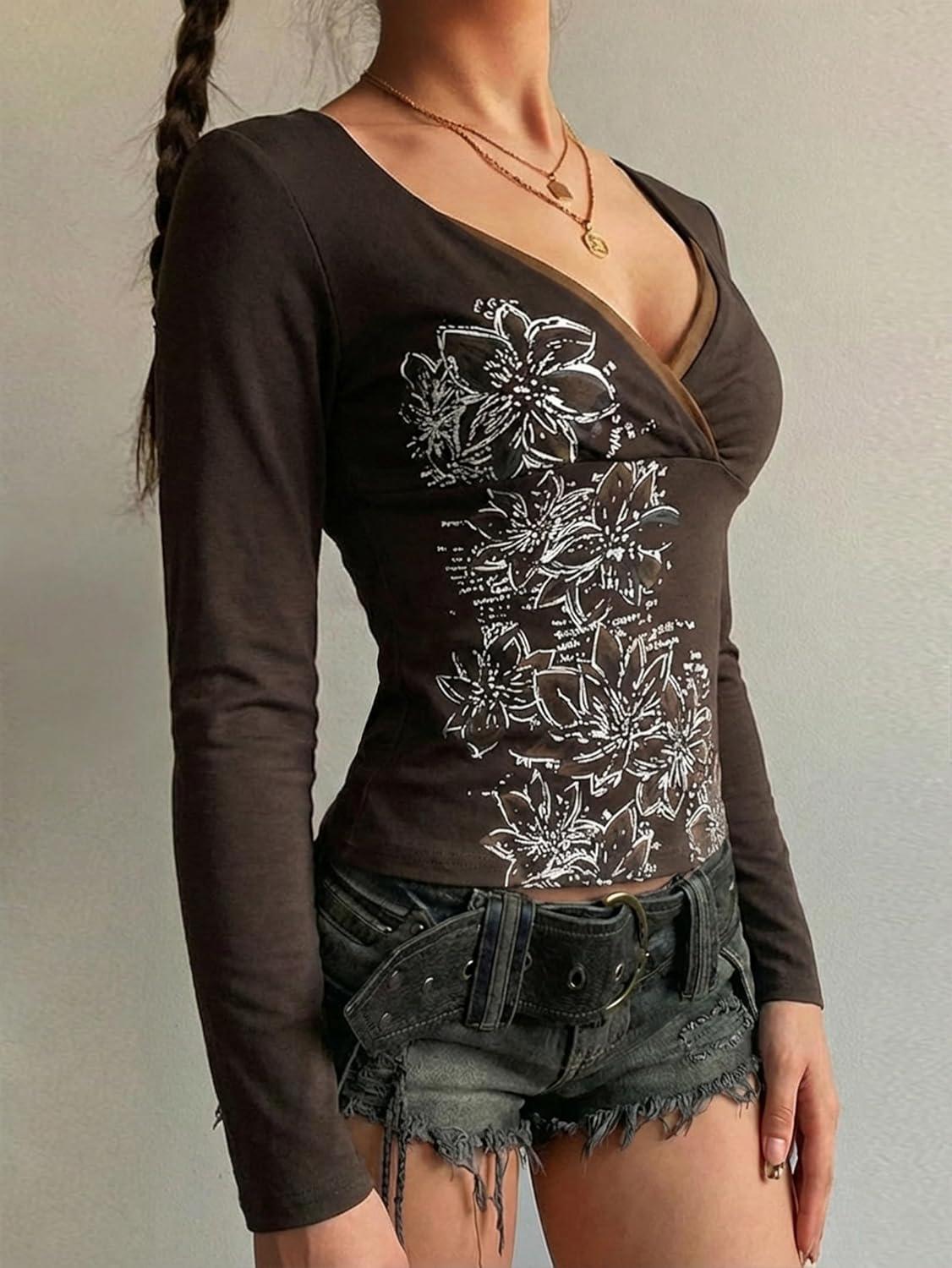 image:imageEMMIOL Y2k Fairy Grunge Short Sleeve Shirts For Women Vintage Floral Print Graphic V Neck Crop Tops Emo Gothic Clothes318dark Brown