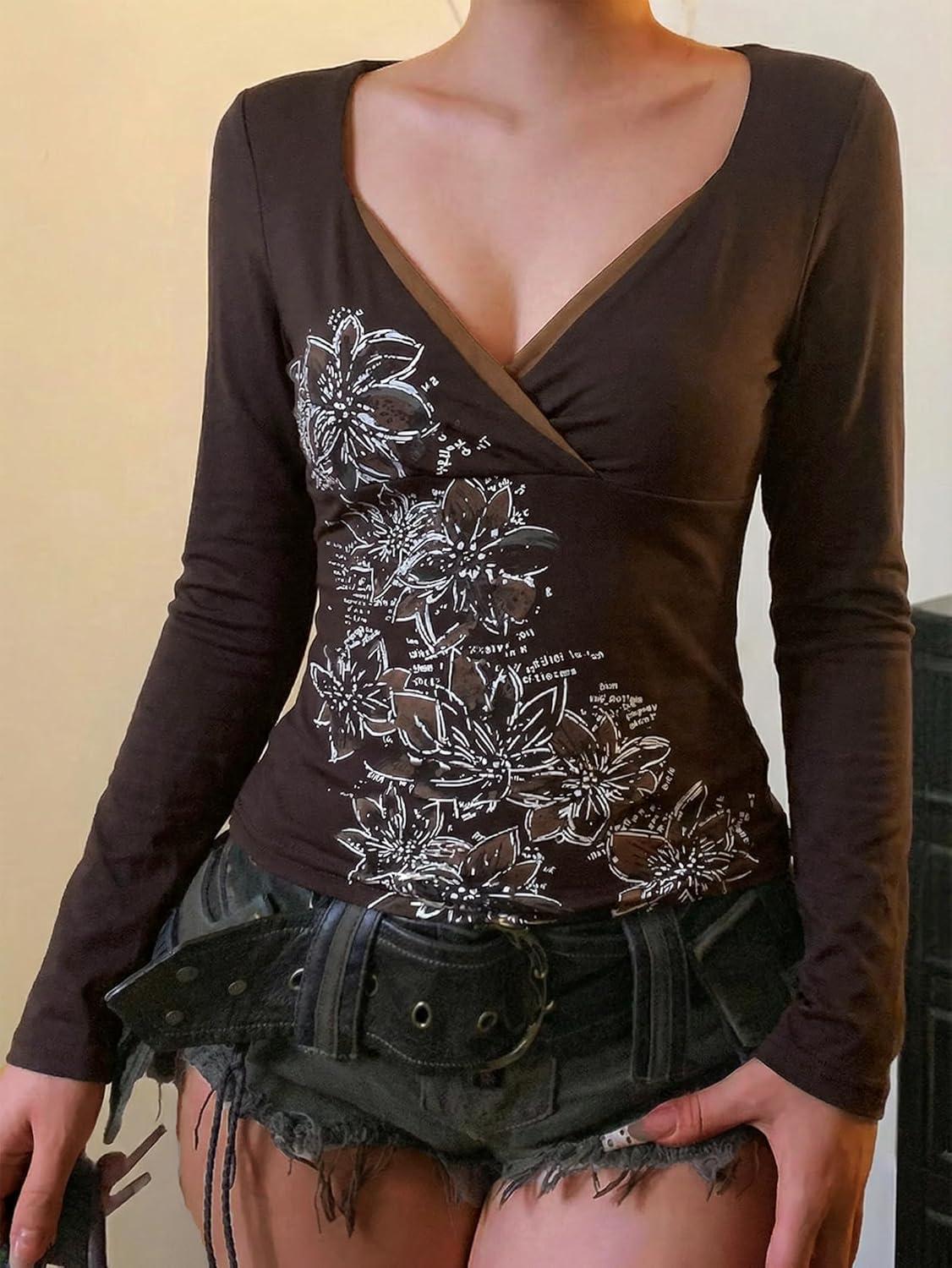 image:imageEMMIOL Y2k Fairy Grunge Short Sleeve Shirts For Women Vintage Floral Print Graphic V Neck Crop Tops Emo Gothic Clothes318dark Brown